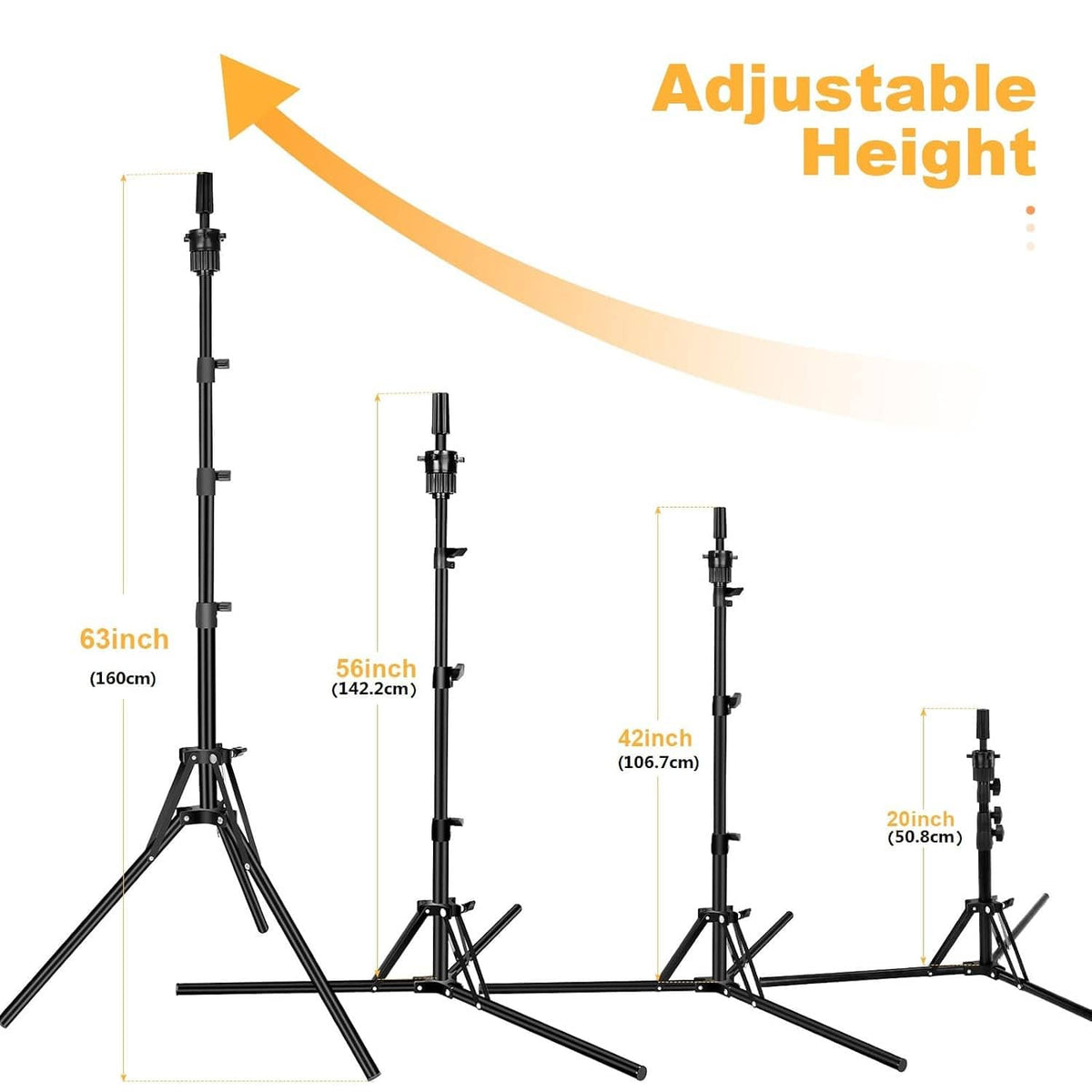 Adjustable black wig stand tripod with mannequin head and height range