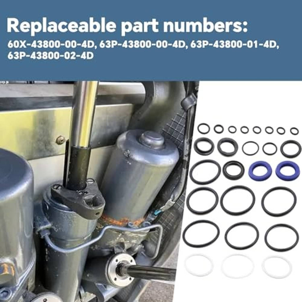 Tilt trim seal kit with assorted O-rings shown beside outboard engine parts