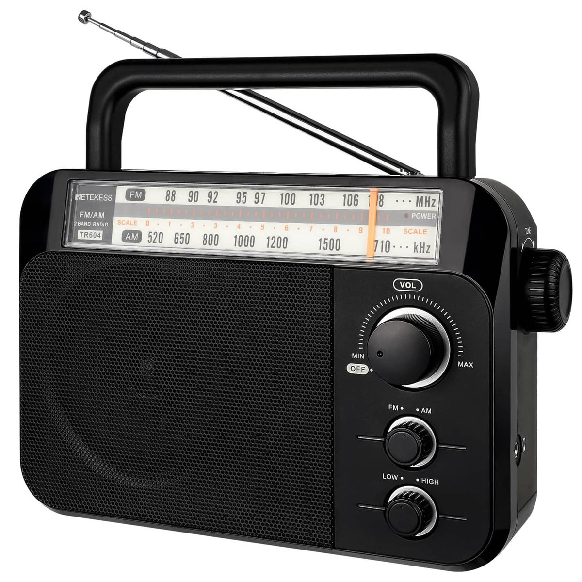 Retekess TR604 portable AM/FM radio with long telescopic antenna and front controls