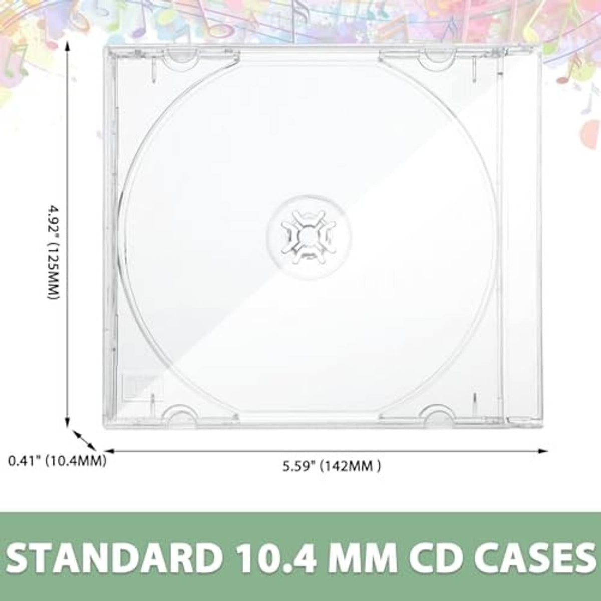 Transparent 10.4 mm CD jewel case diagram with disc view and size marks