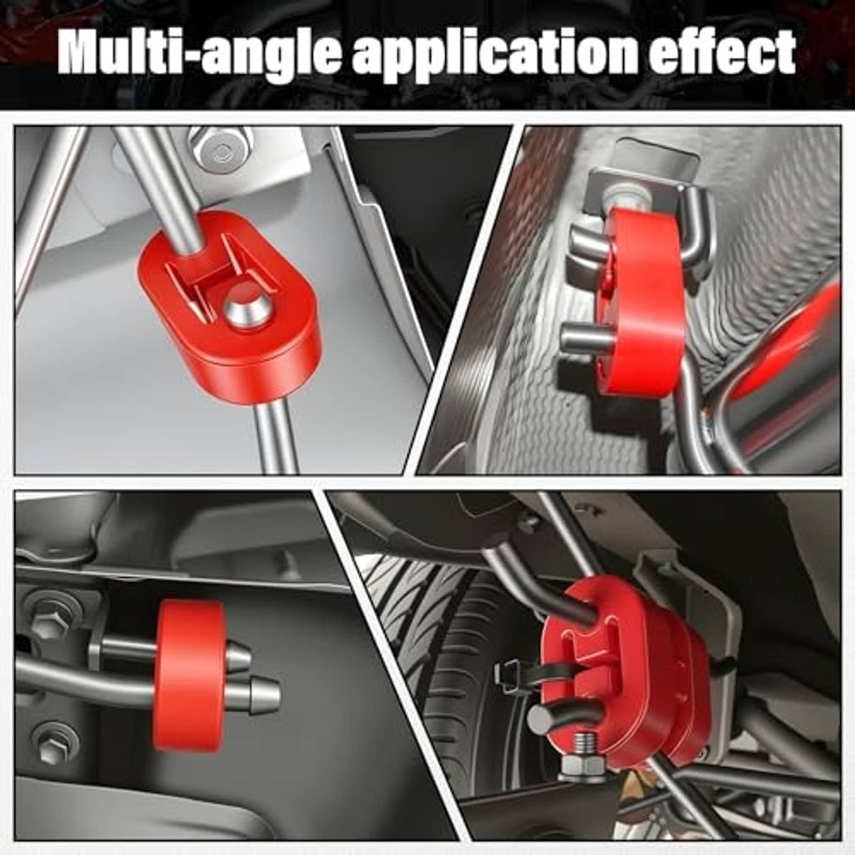 Red rubber exhaust hanger shown in multiple mounting positions on exhaust system parts