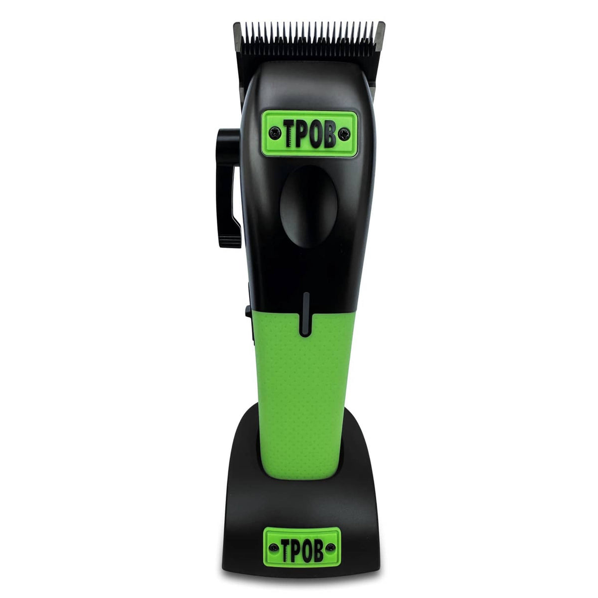 Men's hair clipper with black body and green textured grip, front blade upward