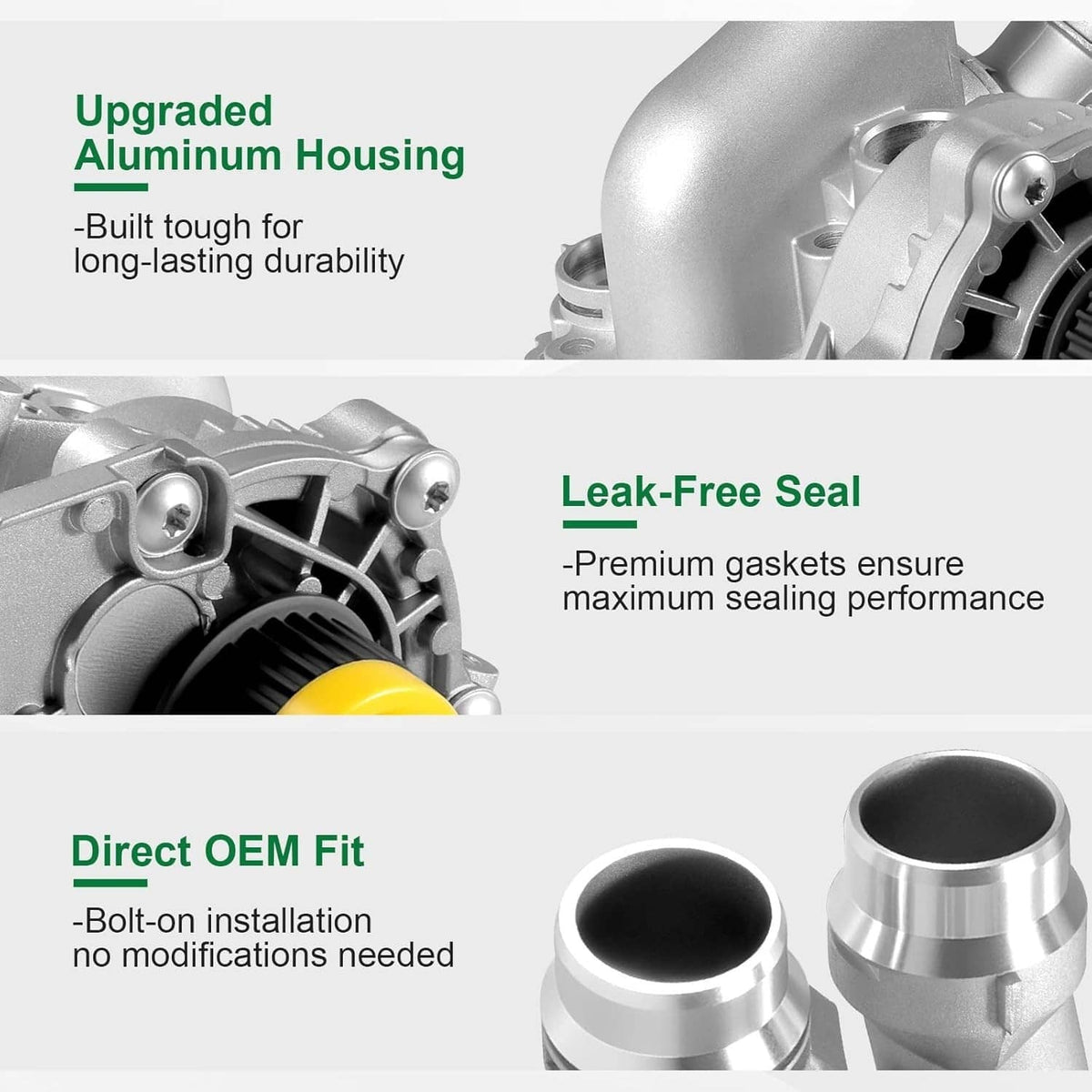 Water pump assembly with aluminum housing, leak-free seal components, silver with yellow pulley