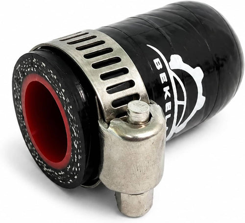 Black silicone hose cap with silver clamp band and red inner opening, BEKELAN