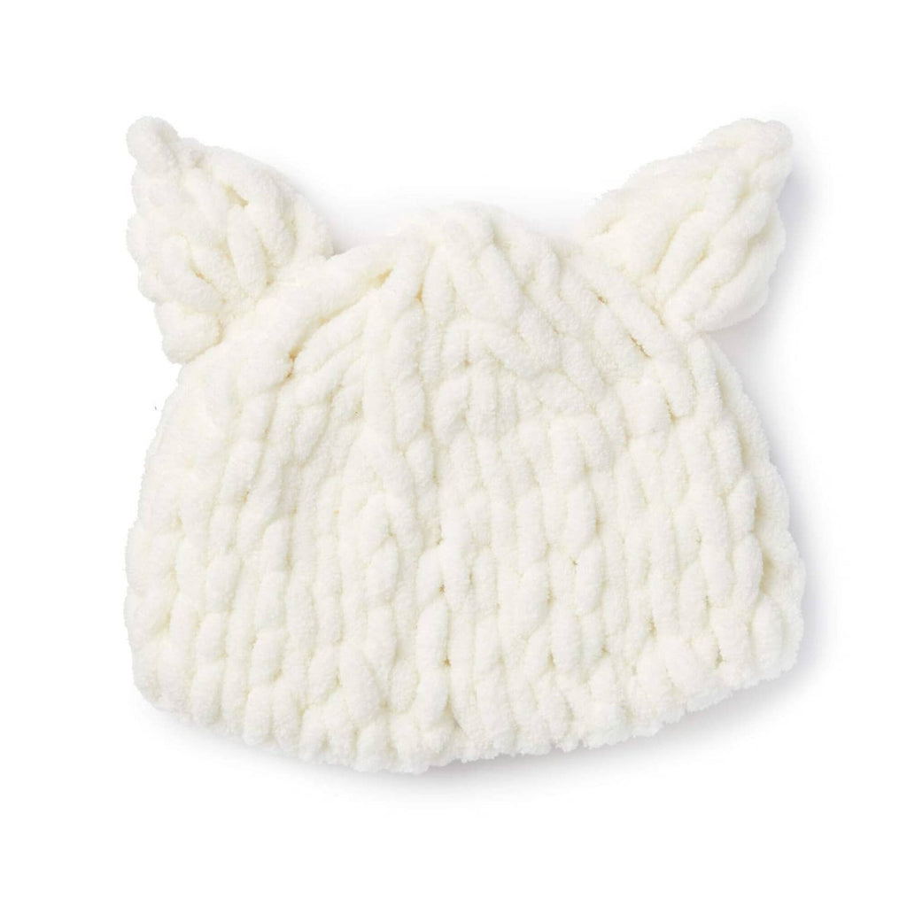 White chunky knit cat beanie with textured ribbed stitches and pointy ears