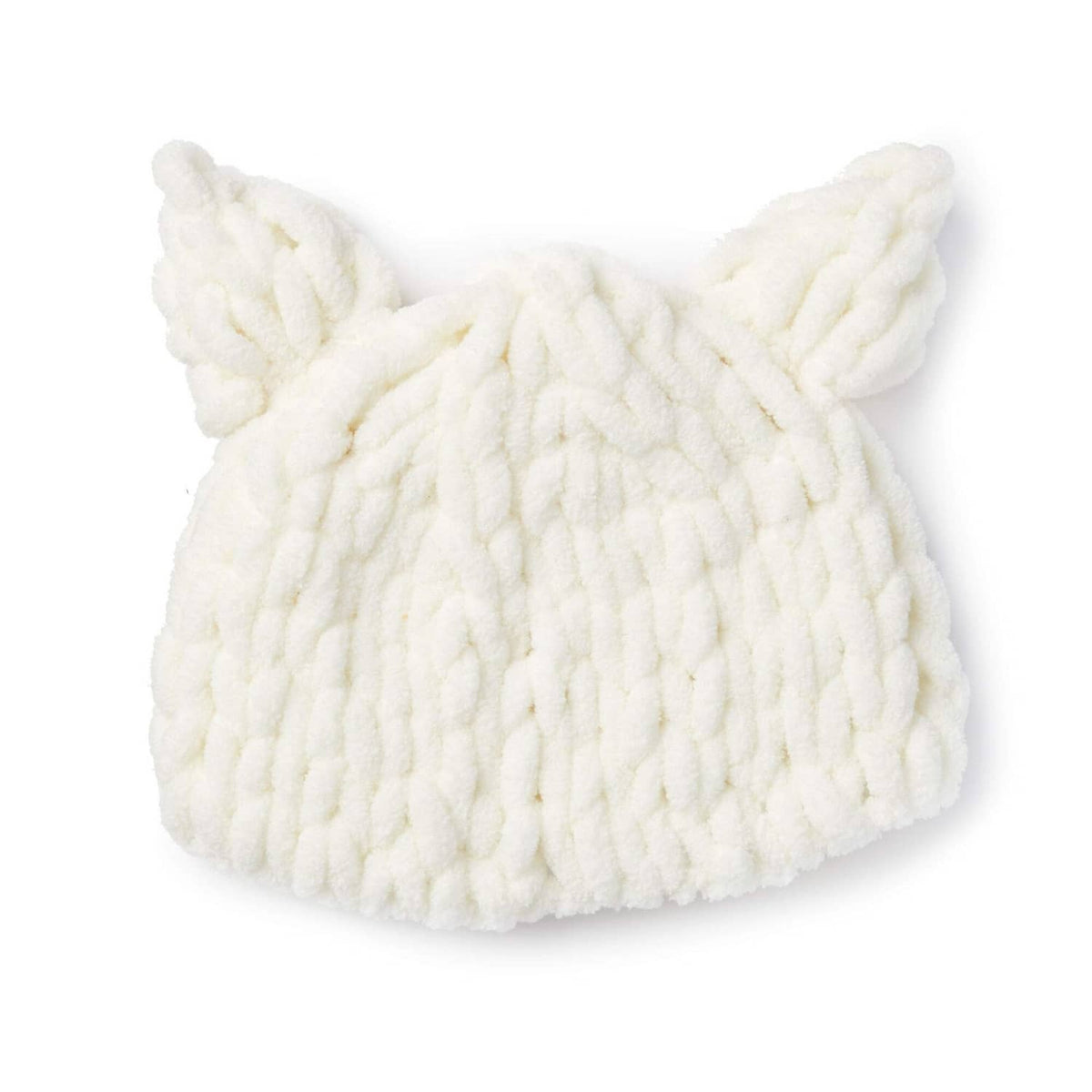 White chunky knit cat beanie with textured ribbed stitches and pointy ears