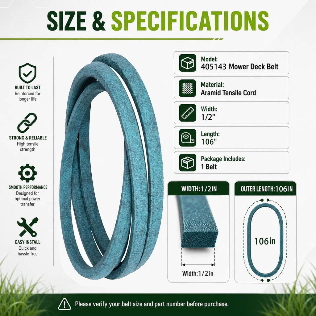 Dark green mower deck belt, looped profile; size 1/2 in x 106 in