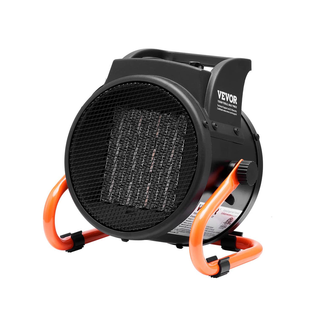 Black electric fan heater with orange handles and side control panel