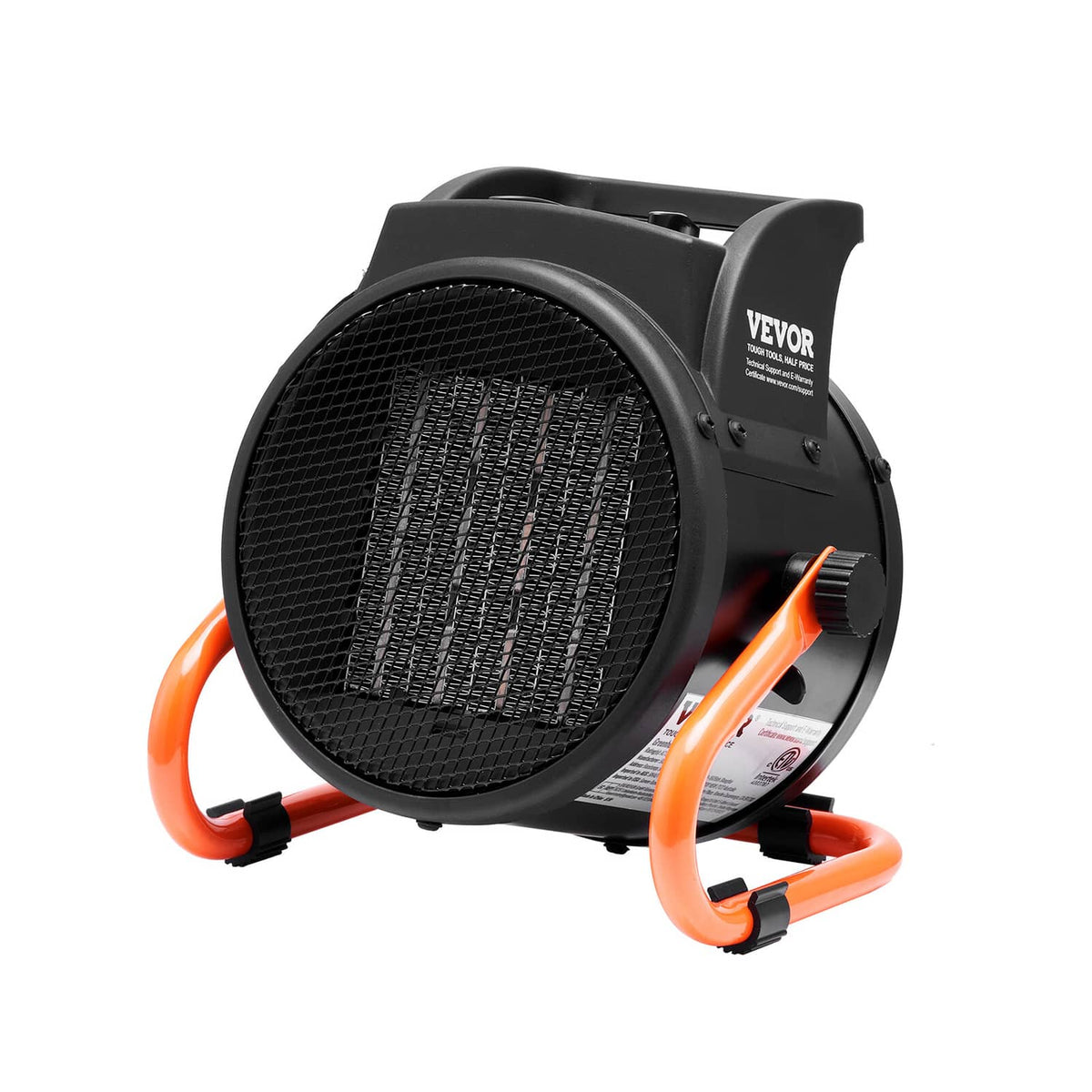 Black electric fan heater with orange handles and side control panel
