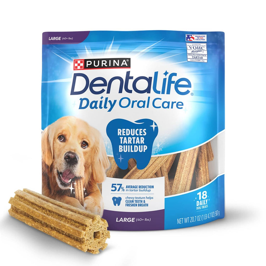 Purina DentaLife large dog dental chews bag with ridged chew sticks
