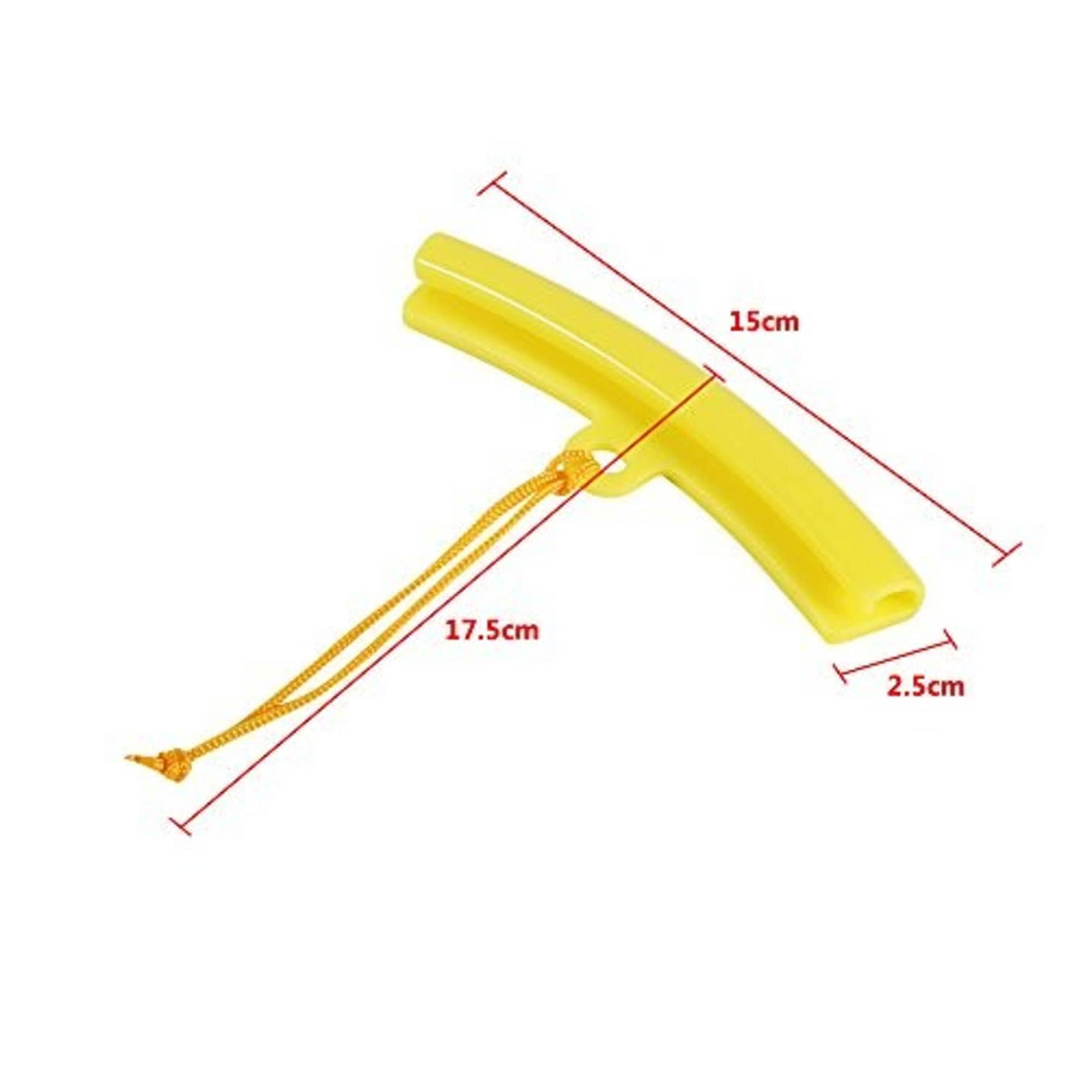 Yellow wheel rim tire protector with strap cord and hook, size marked 15cm x 2.5cm