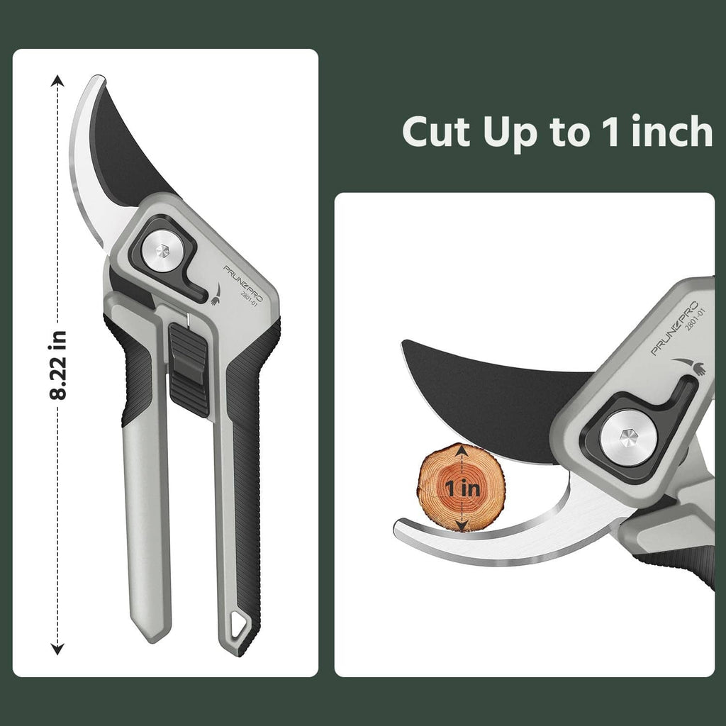 Bypass pruning shears with max 1-inch cutting capacity, grey handles and curved blade