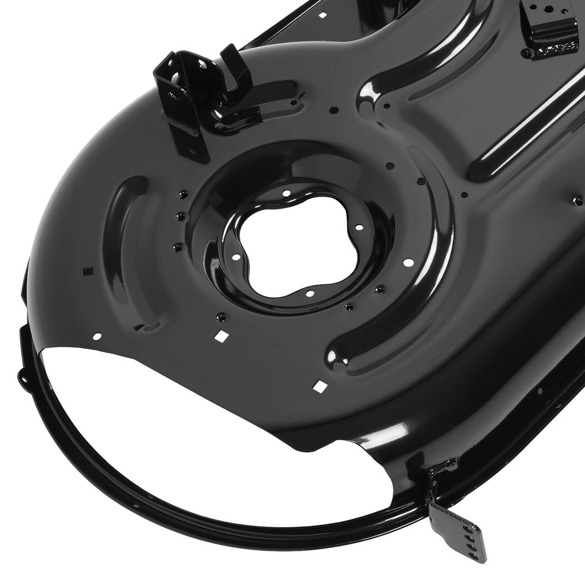 Detail view of black mower deck with circular blade opening and angled reinforcement plate