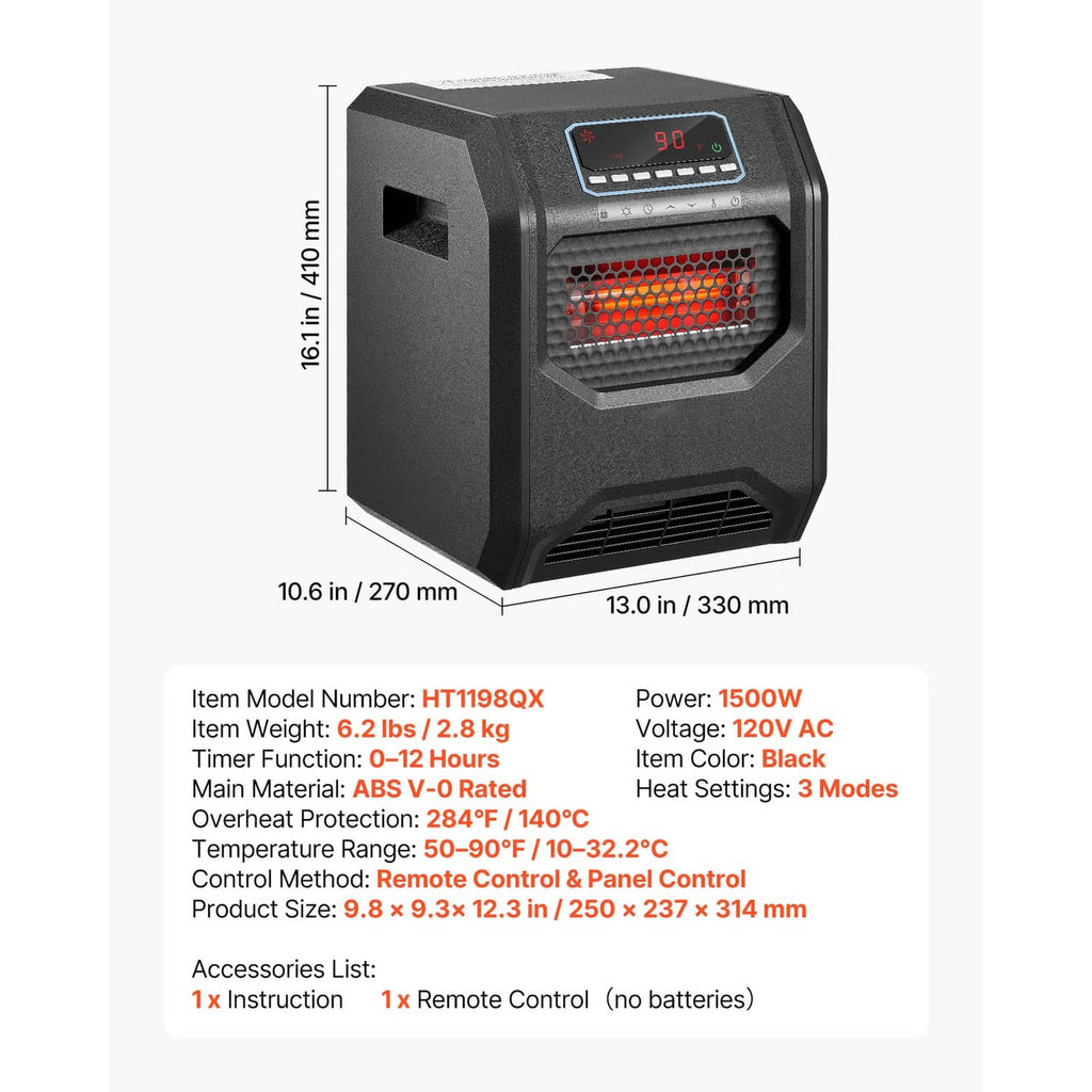 Black infrared heater with digital control display and glowing red heating grid