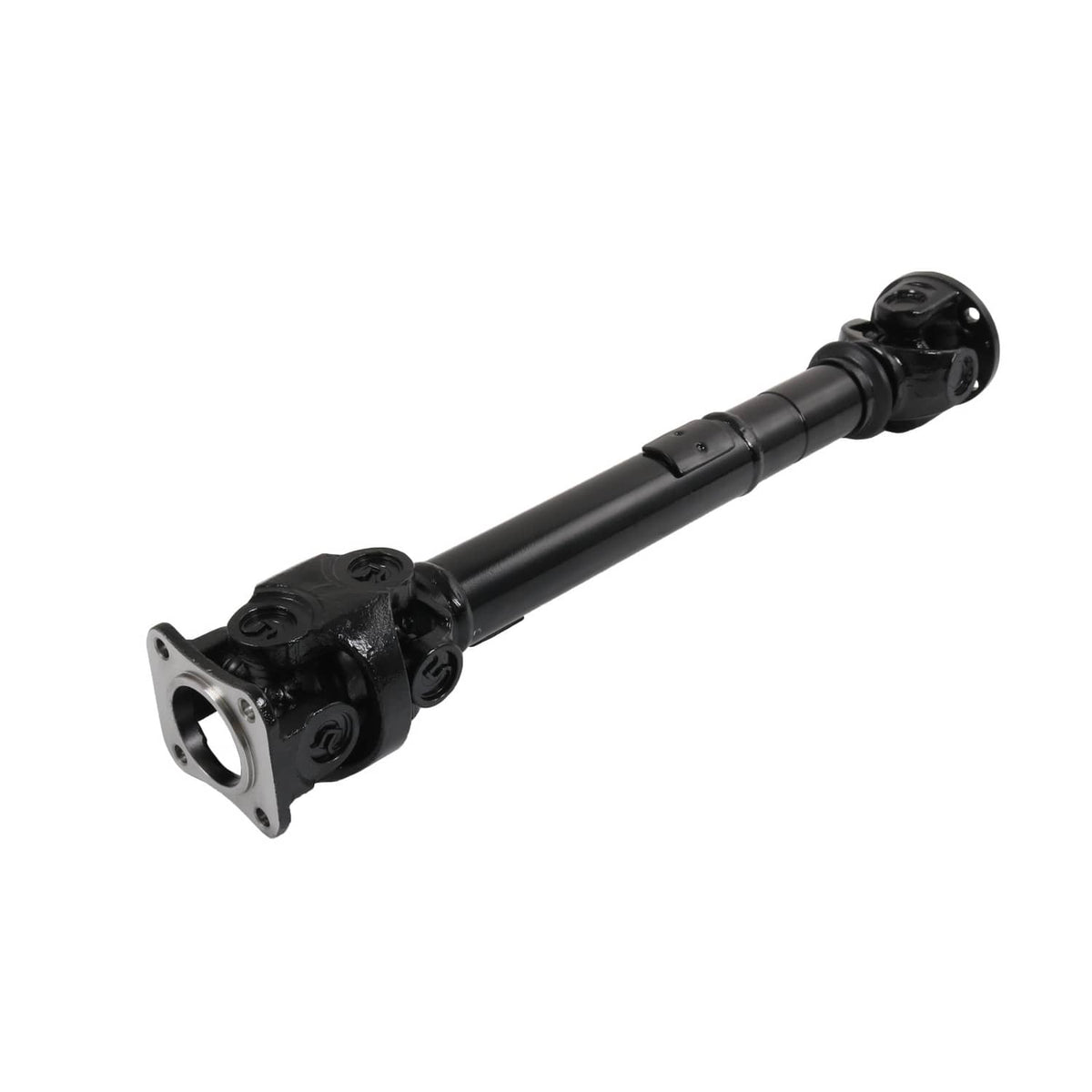 Black front drive shaft with U-joints and mounting flanges, side view.
