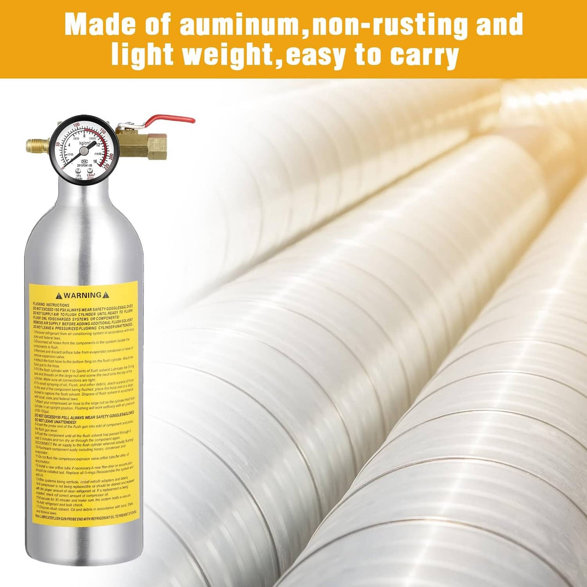AC flush kit canister beside connected hose, featuring aluminum canister body and tubing