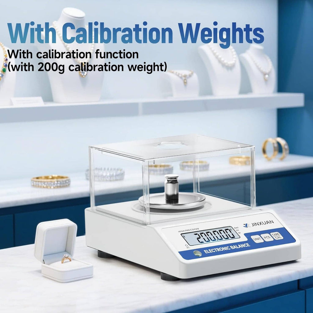 Digital balance scale with calibration weight on the weighing platform inside clear cover