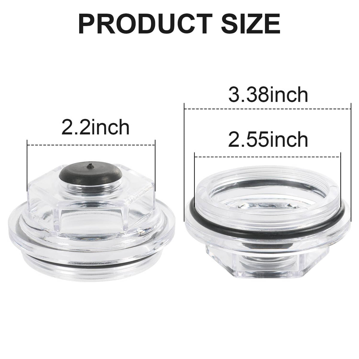 Clear oil bath dust cap with black insert, shown with front and top views