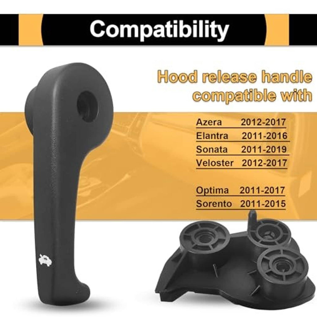 Black hood latch release handle with base, side view and compatibility graphic