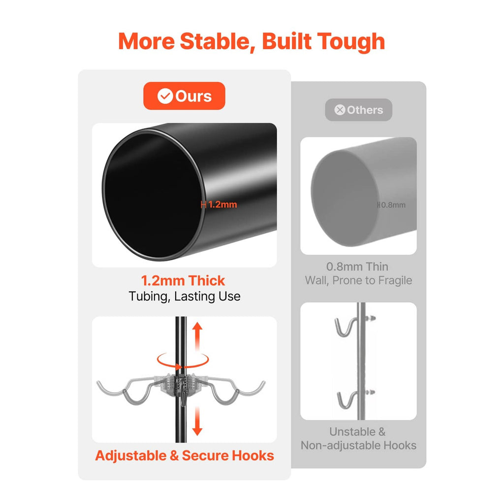 Adjustable steel hooks on a black freestanding vertical bike rack with thick tubing
