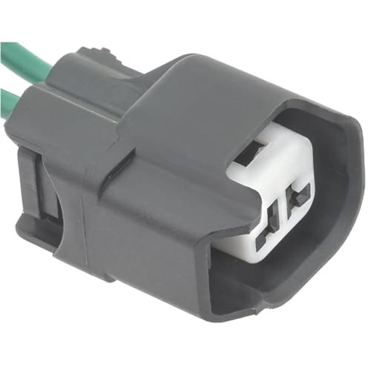 ABS wheel speed sensor pigtail connector, gray housing with 2-pin socket and latch, green wire