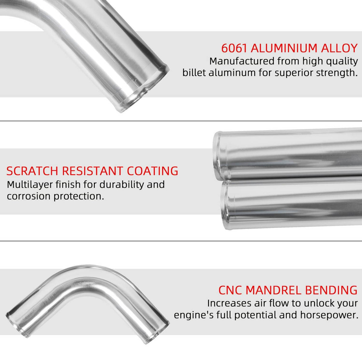 Polished intercooler pipe set, shiny chrome tubes with smooth bends and ends