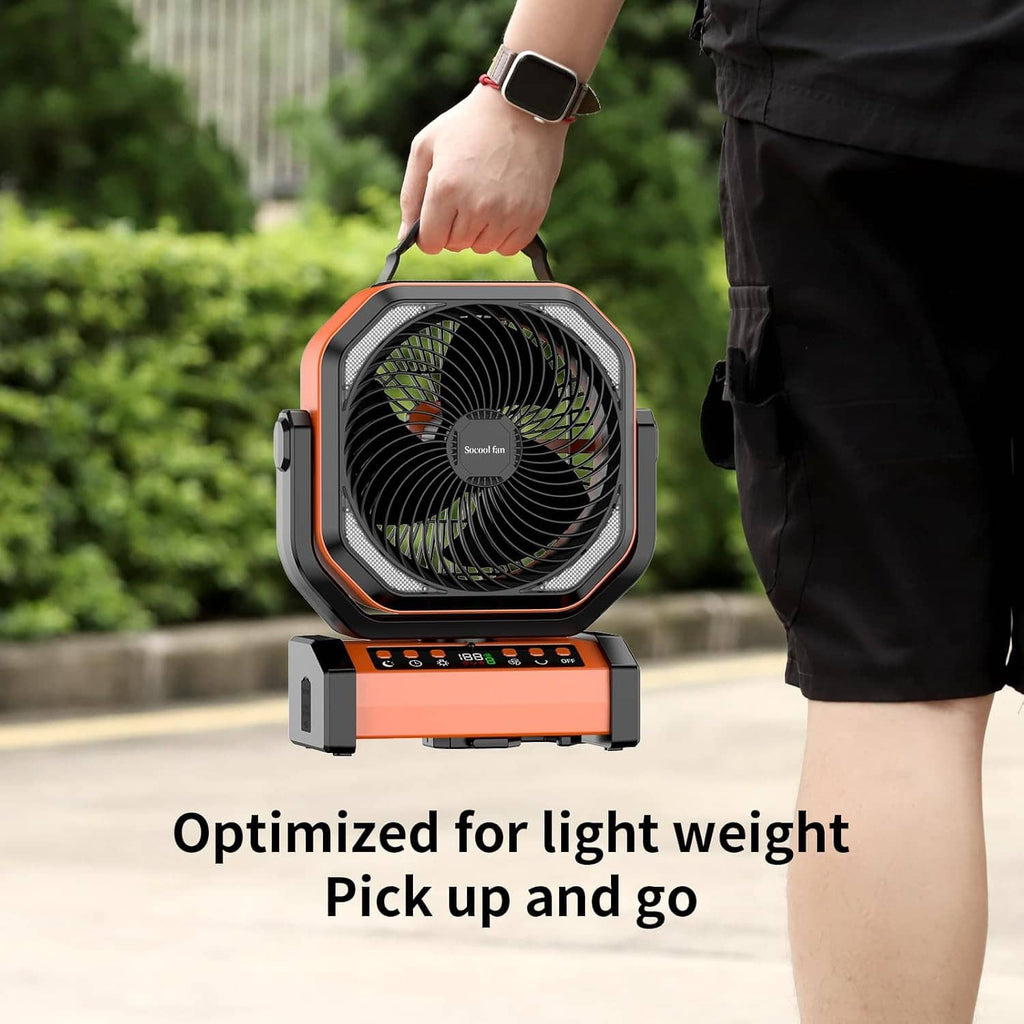Rechargeable camping fan with light, orange and black handheld portable fan with grille
