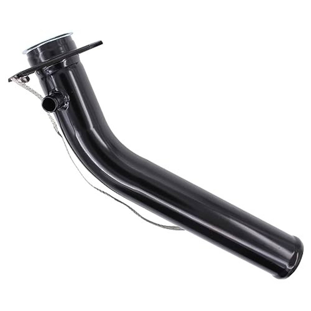 Curved black fuel tank filler neck pipe with flange opening