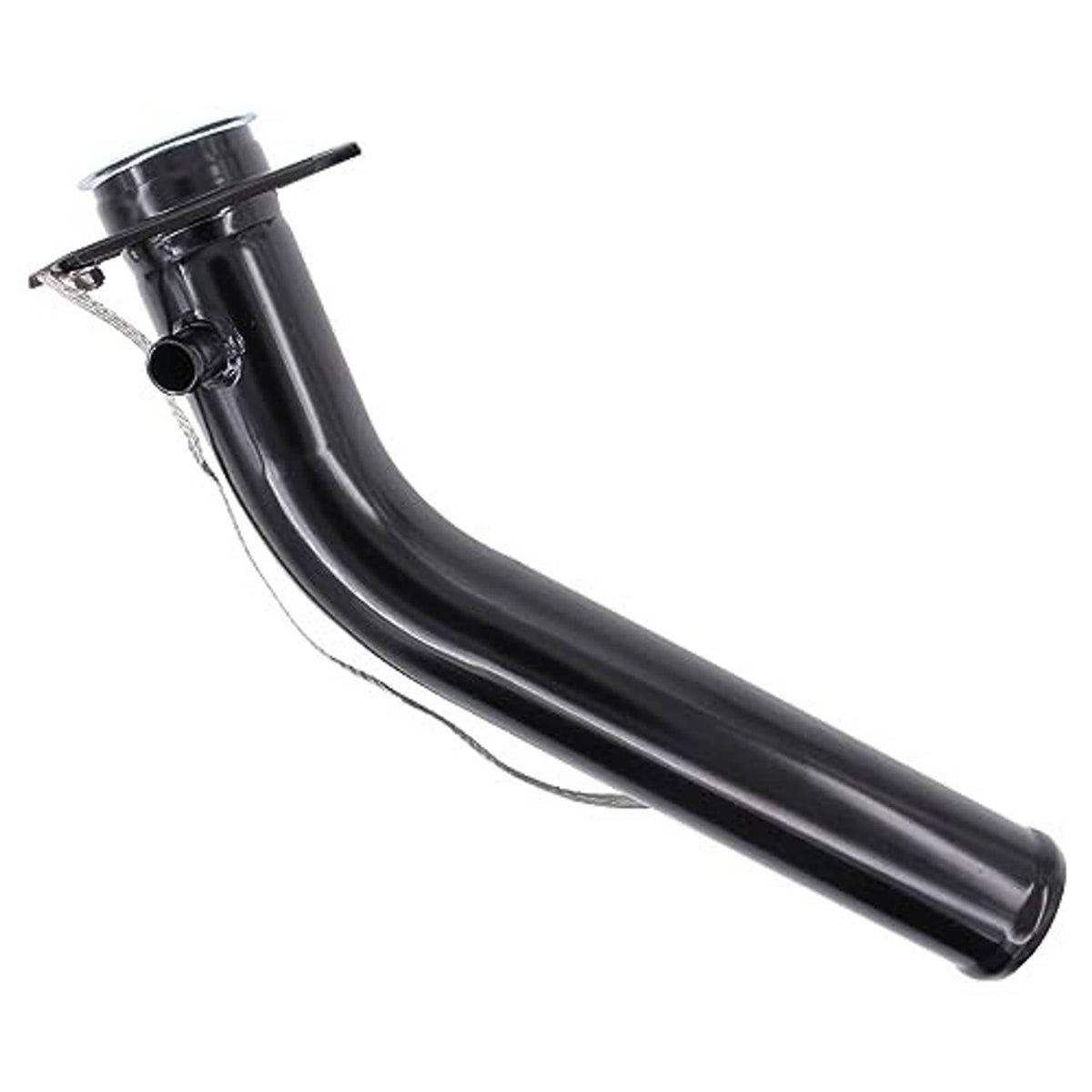 Curved black fuel tank filler neck pipe with flange opening