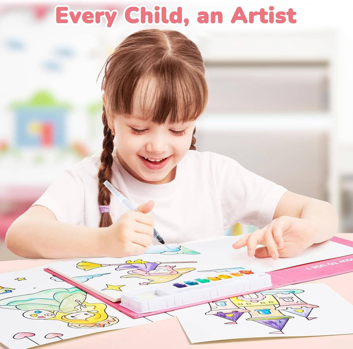 Kids watercolor painting set in use: child coloring a unicorn page with brush pen