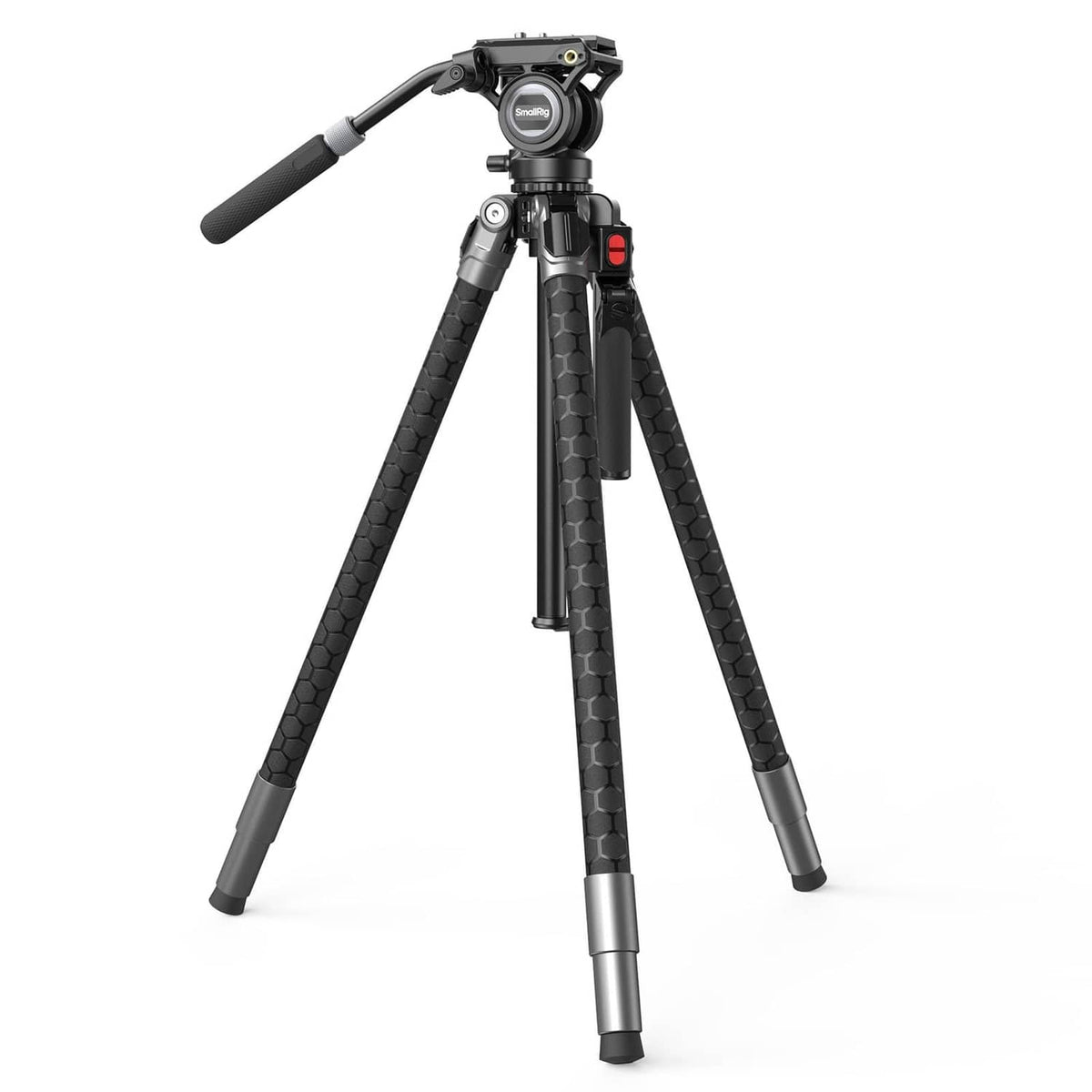 Black hydraulic tripod with fluid video head and three carbon-pattern leg sections