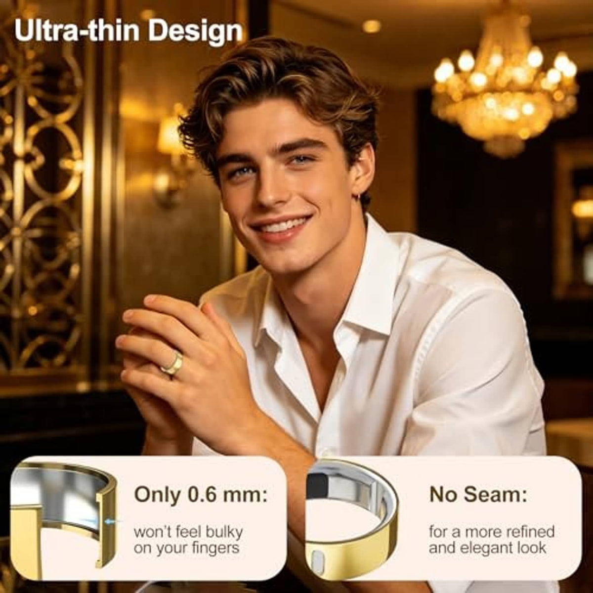 Thin gold ring protector band with oval side opening and smooth polished finish
