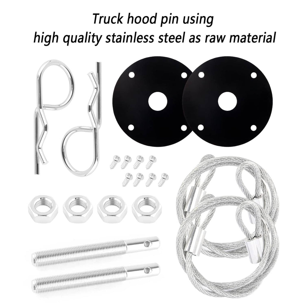 Hood pin kit parts: stainless steel rods, black mounting plates, wire cable, fasteners
