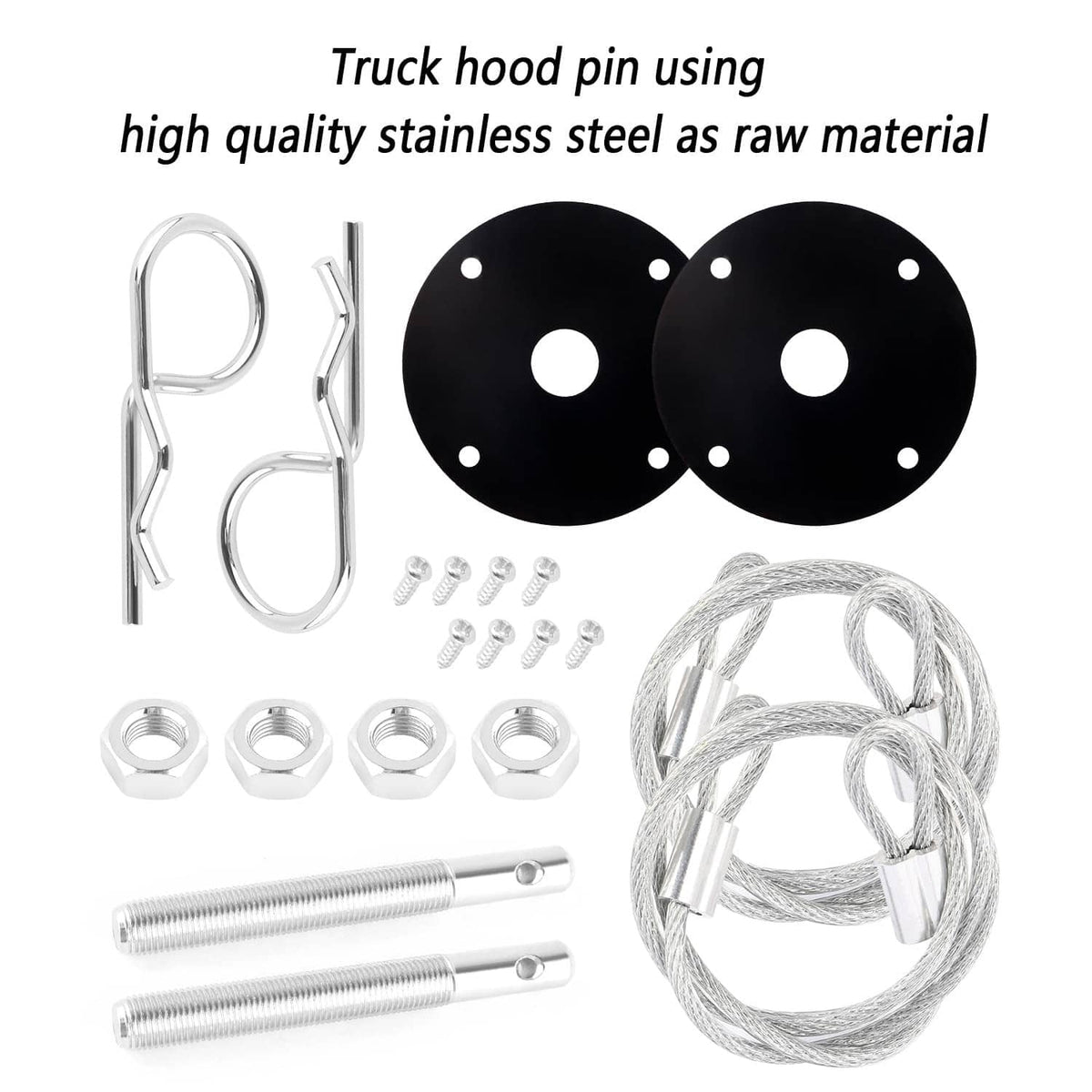 Hood pin kit parts: stainless steel rods, black mounting plates, wire cable, fasteners