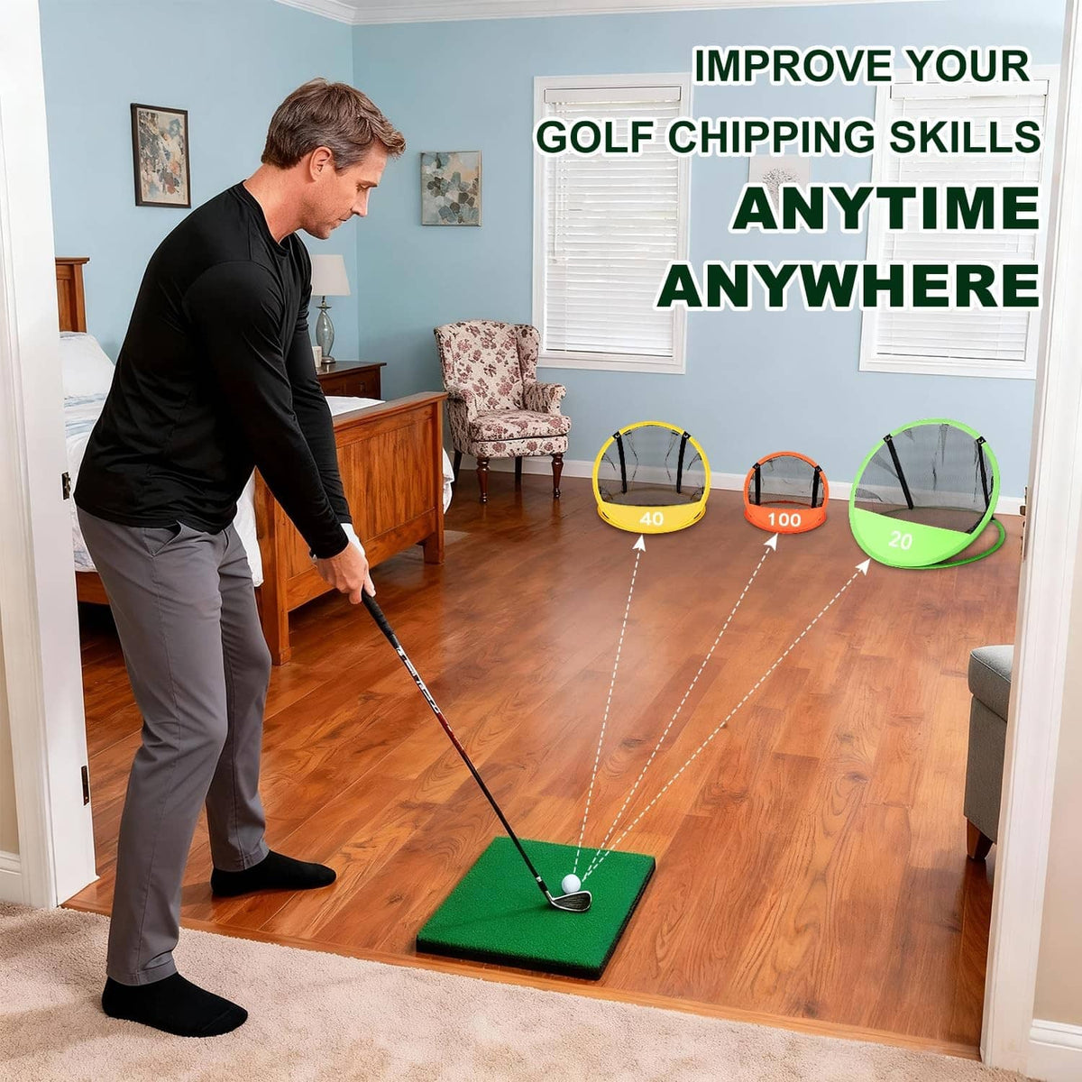Indoor golf chipping practice net with three pop-up target nets in colored frames