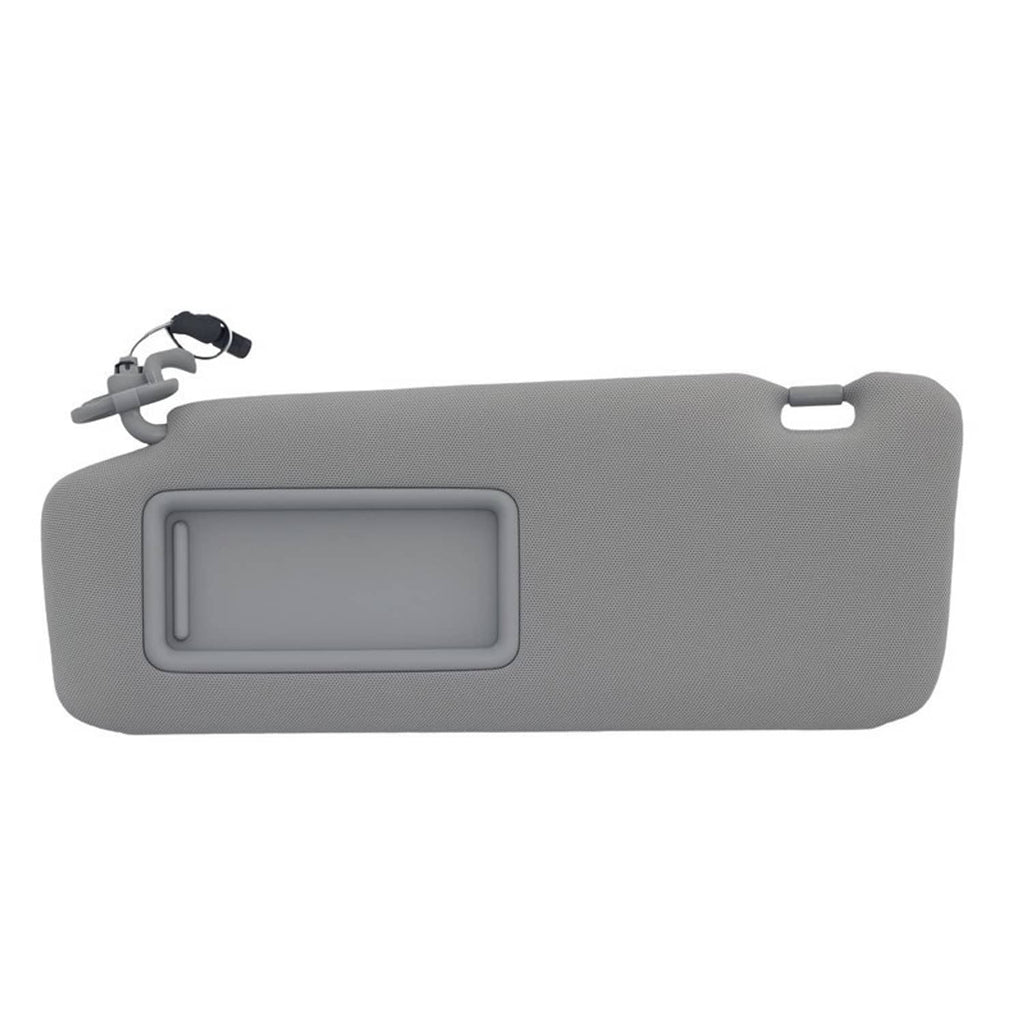 Gray sun visor with vanity mirror window and driver-side light housing