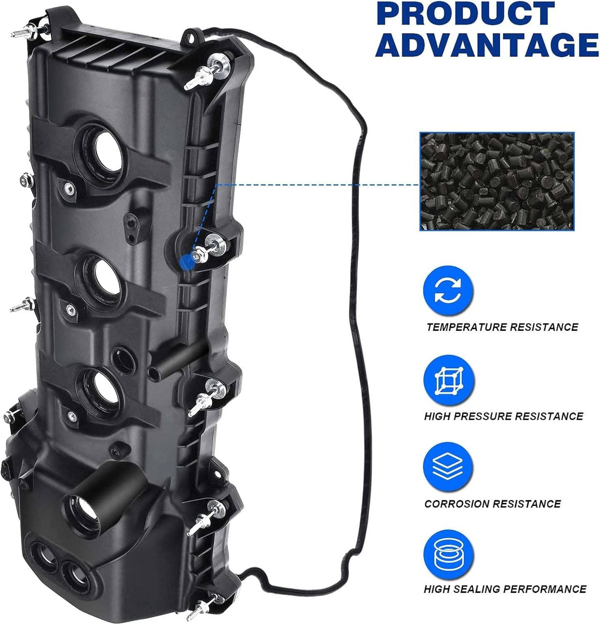 Black engine valve cover with multiple circular ports, bolt holes, and molded channels
