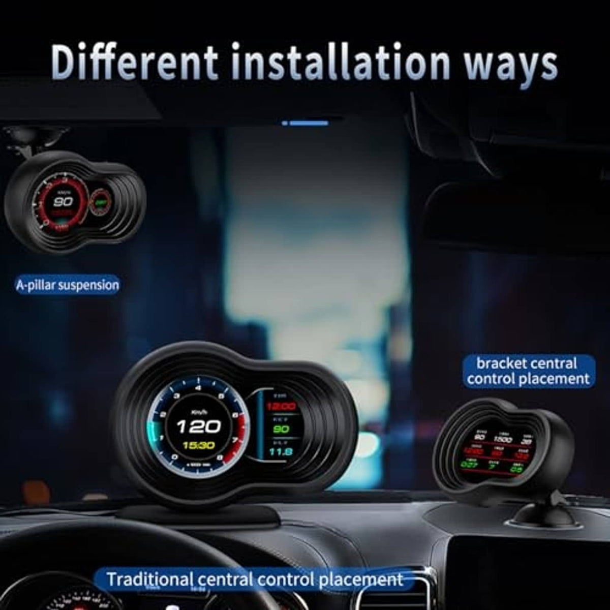 OBD head-up display installed in car interior with dual gauges on dashboard stand