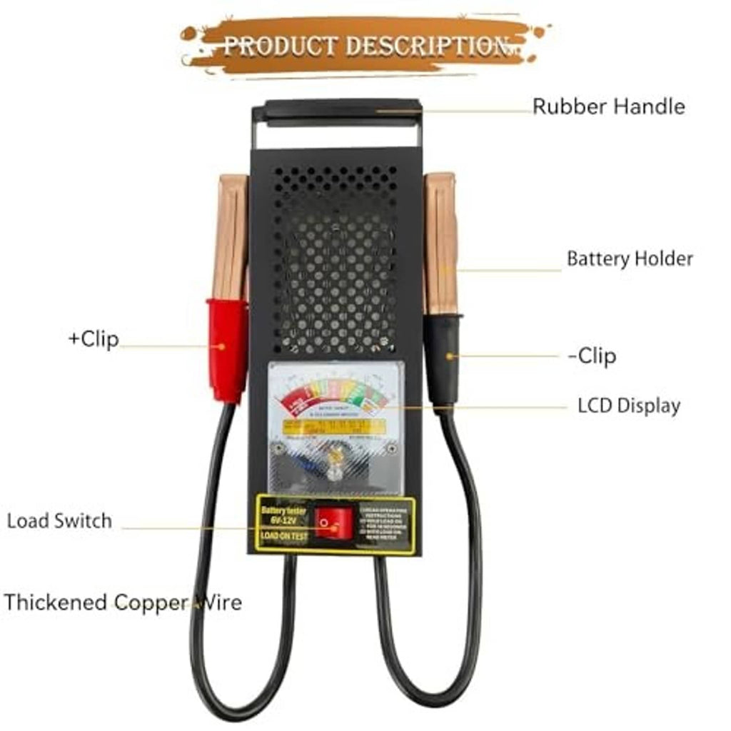 Car battery load tester with display panel, load switch, and red/black alligator clips