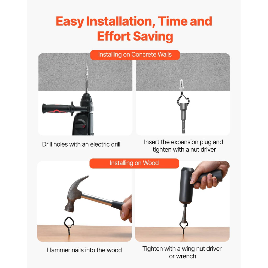 Black Q-shaped screw hook with installation tools shown for concrete and wood
