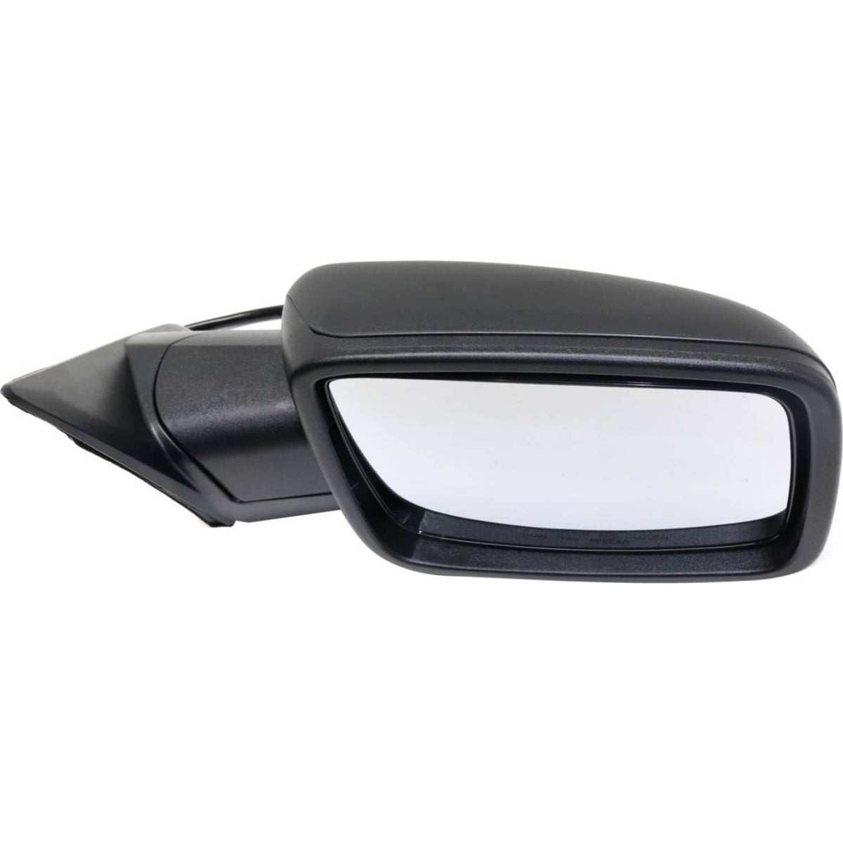 Black side view door mirror with powered folding hinge, clear mirror glass