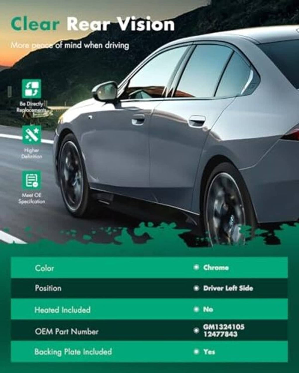 Driver left side mirror glass replacement shown on vehicle with compatibility details