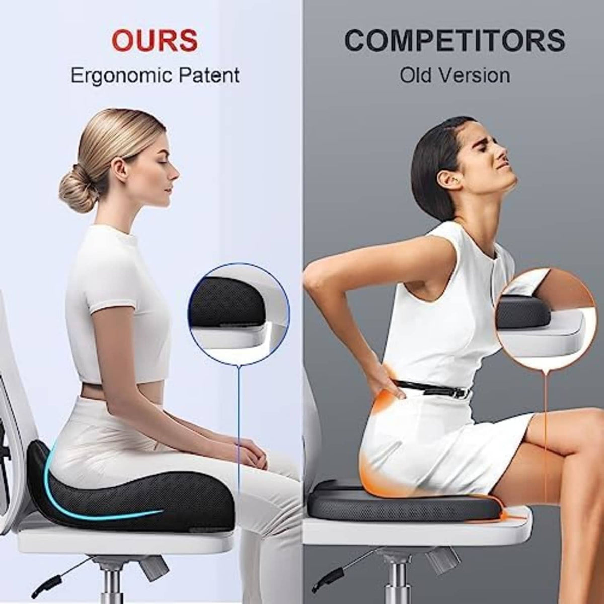 Ergonomic coccyx seat cushion in black on office chair with contoured shape