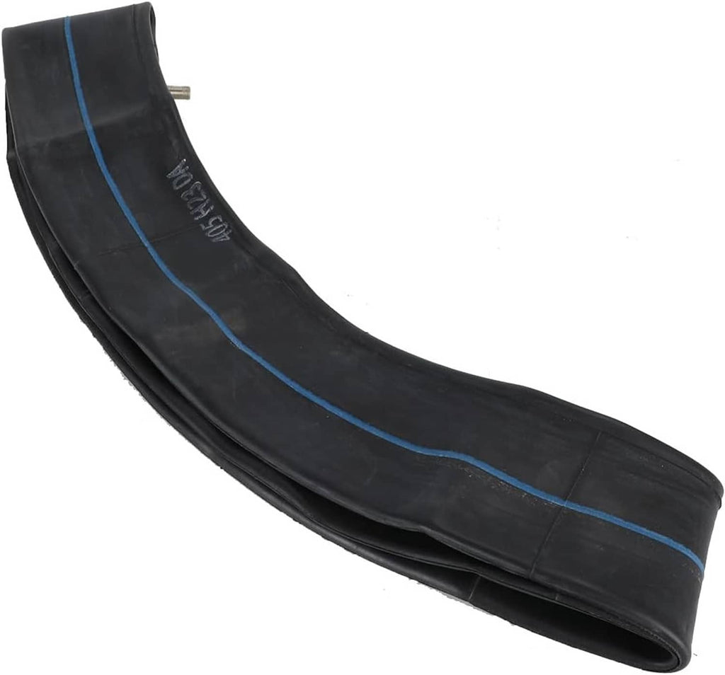 Curved black 2.75-21 inner tube section with blue stripe and valve stem