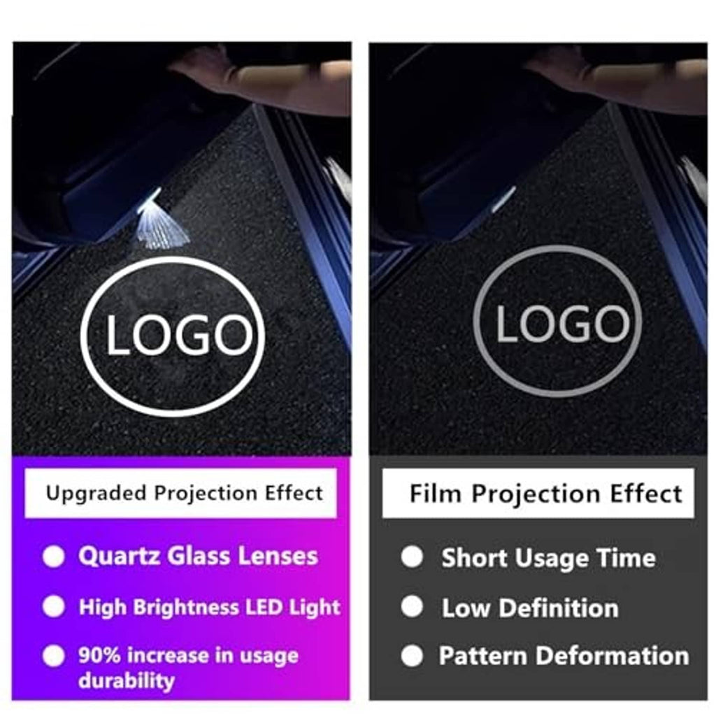Car door light logo projection test with bright white logo on the sill