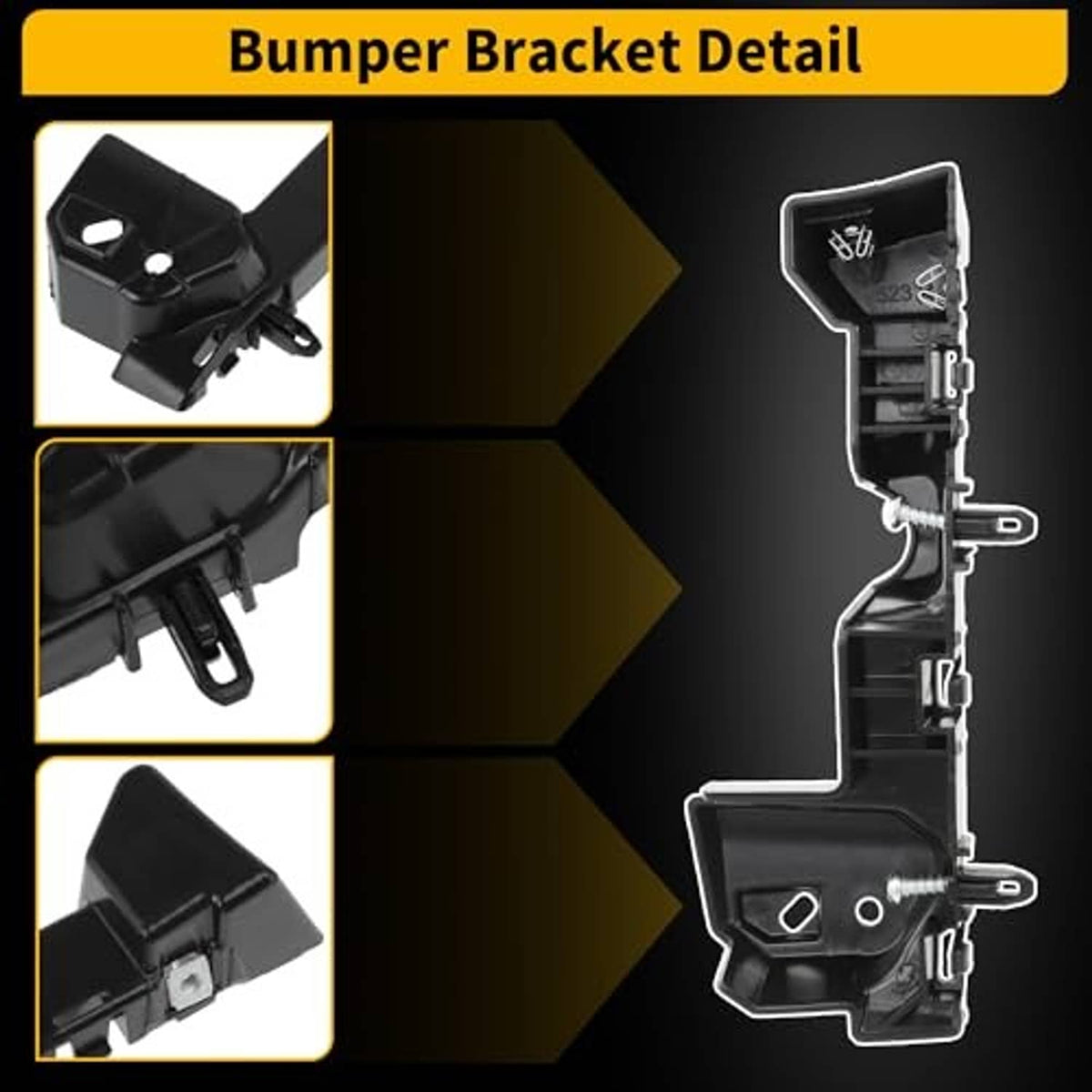 Close-up of black bumper bracket detail with holes and metal fasteners