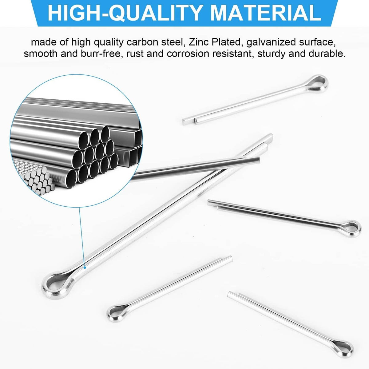 Silver split cotter pins with bent loop ends and bar cross-section detail