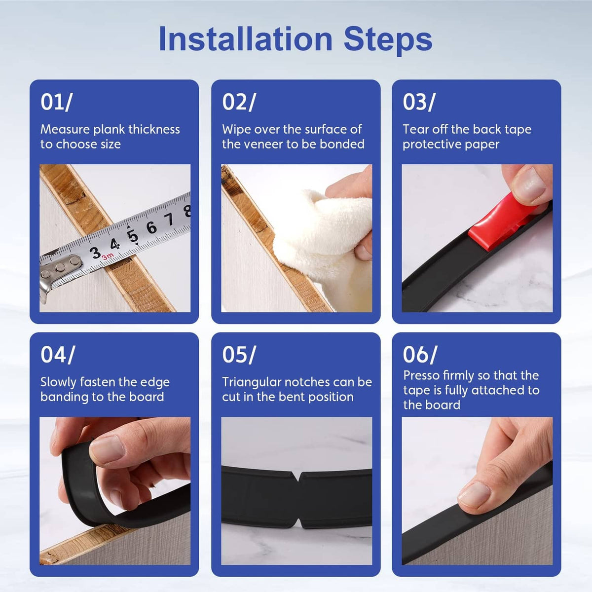 Black U-shape self-adhesive edge banding installation shown on board edges