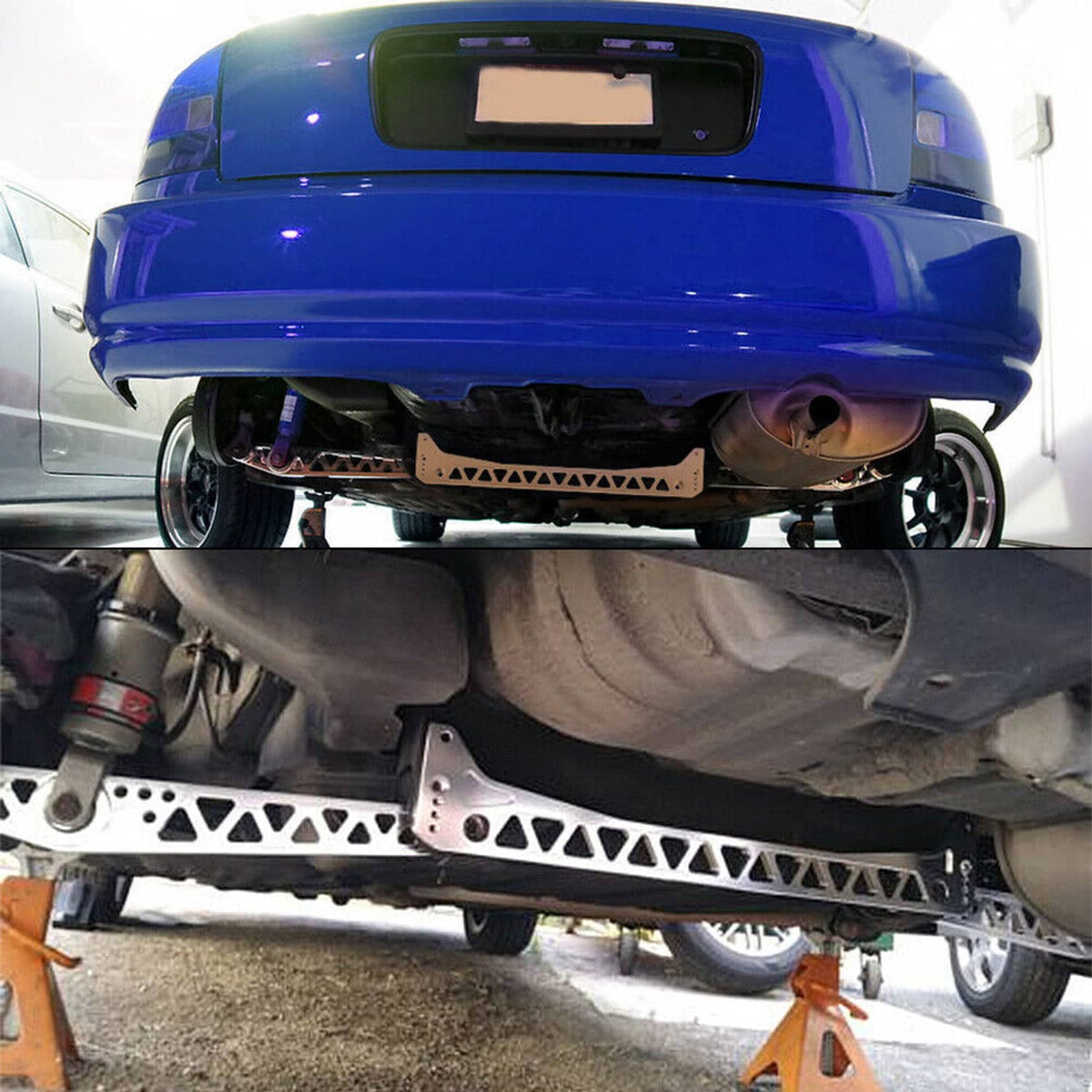Rear lower control arm and subframe brace installed beneath rear of car