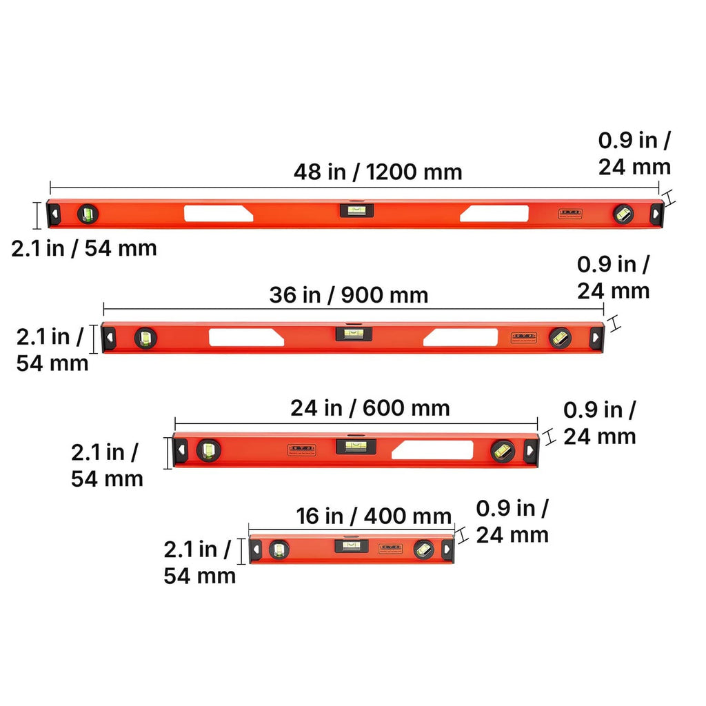 I-beam level measurements for 16, 24, 36, 48 in, with width callouts